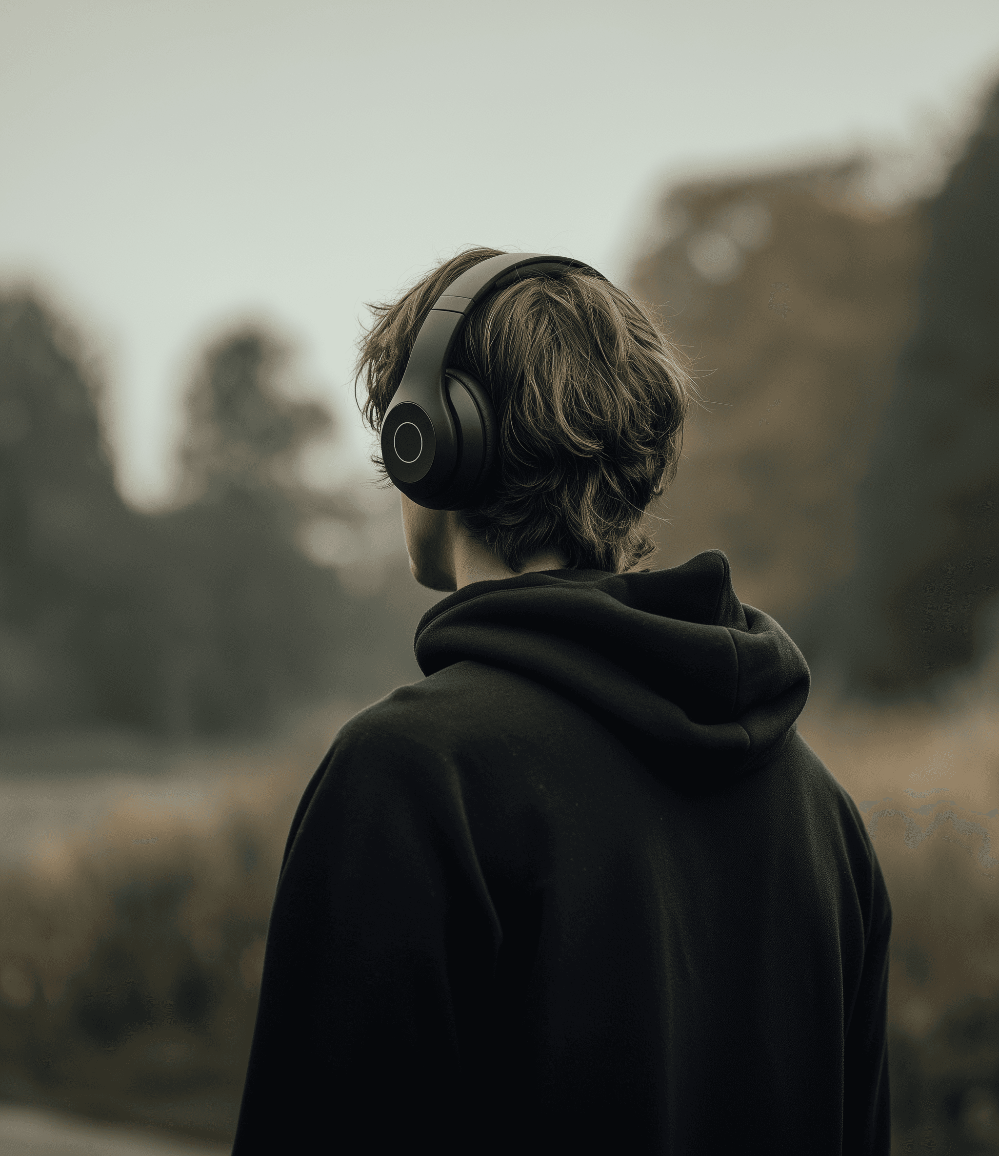 a man with headphones on looking at the mountains