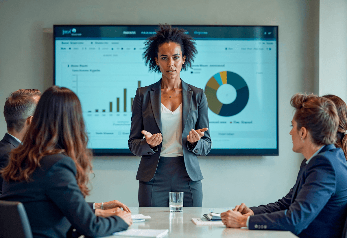 Business team in a meeting with a presenter explaining charts on a large screen, illustrating the importance of building a data-driven culture.