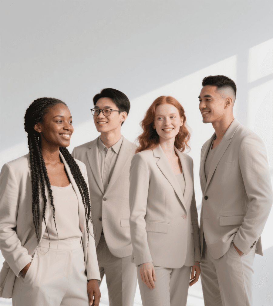 Diverse business team in matching beige suits standing together in a bright modern office.