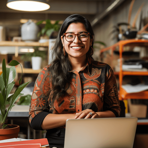 Smiling female entrepreneur working on a laptop in a stylish modern office.