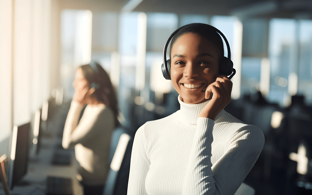 Smiling female customer support representative wearing a headset in a modern call center.