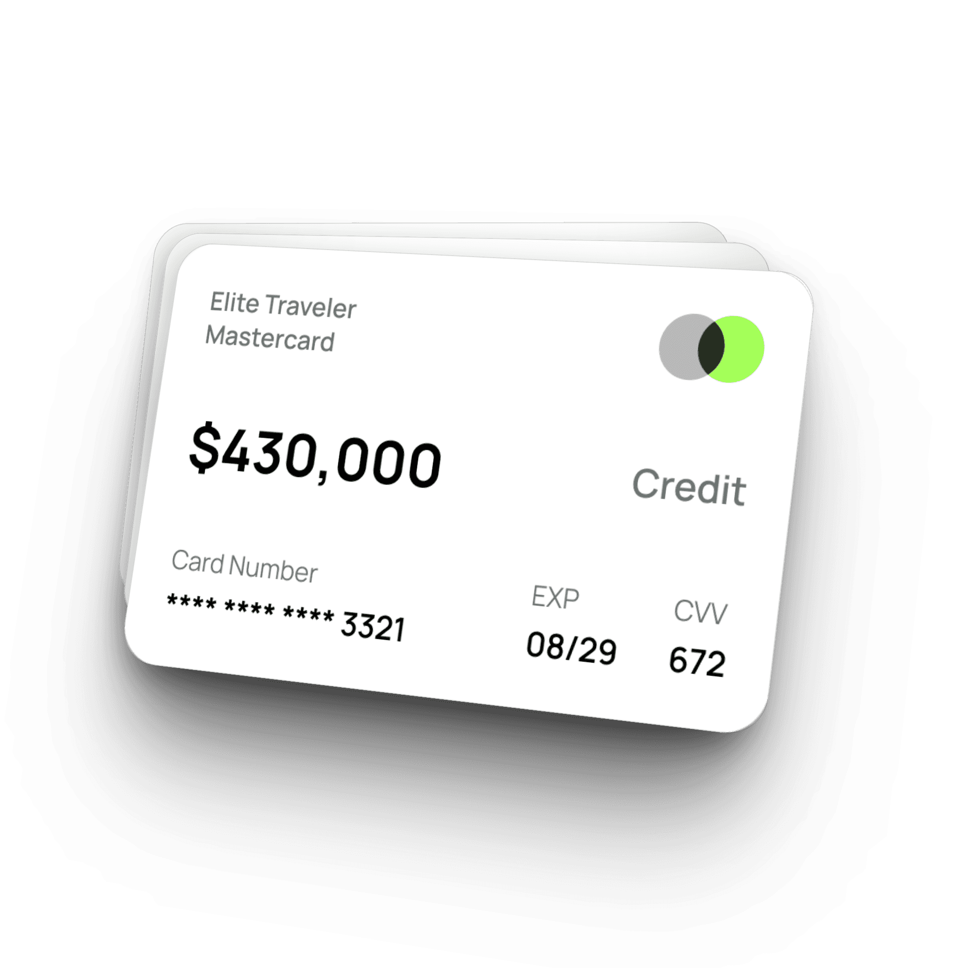Credit card mockup displaying $430,000 balance and masked card details