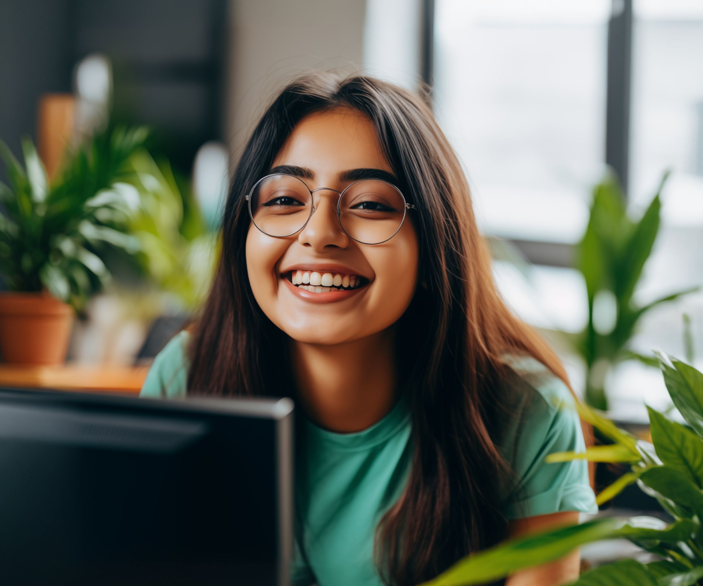 Smiling woman sitting at desk with a computer, surrounded by plants.