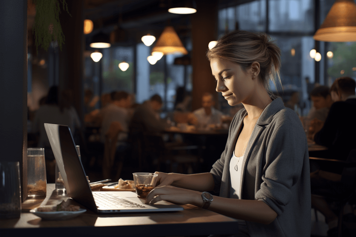 Focused woman working on a laptop in a cozy, dimly lit café with a tea glass on the table.