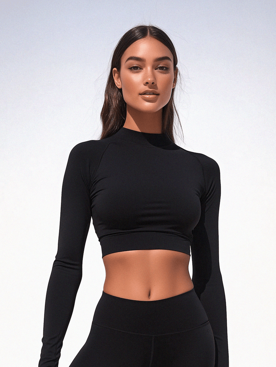 A confident woman wearing a sleek black long-sleeve crop top, showcasing athletic wear or activewear with a focus on fit and style. Her hair is dark and flowing, and she looks directly at the camera, exuding strength and natural beauty against a bright, clean background. This image is ideal for promoting sportswear, fitness apparel, or athleisure brands, emphasizing comfort, performance, and modern design. It would be a compelling visual for product listings or a hero banner on a **Liqua Premium Ecommerce template**, targeting an active and style-conscious audience.