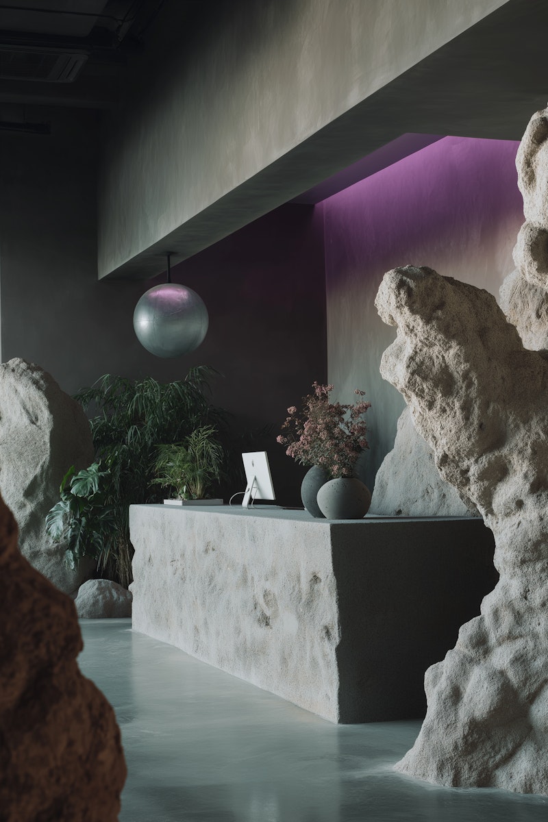 A modern and uniquely designed reception area featuring a rugged, textured concrete desk, surrounded by organic rock-like structures and lush green plants. A subtle purple glow emanates from behind the counter, adding a contemporary touch, while a spherical pendant light hangs overhead. This interior design image is perfect for highlighting businesses with an earthy, minimalist, or avant-garde aesthetic, such as spas, wellness centers, or high-end retail spaces. It could be used to set a thematic tone for a brand presented on a **Liqua Premium Ecommerce template**, showcasing unique design and a premium brand experience.