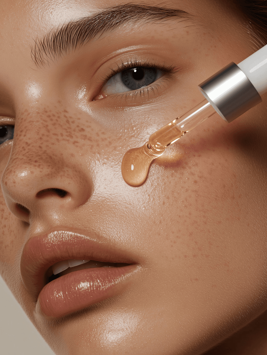 A close-up of a woman's face with natural freckles and striking blue eyes, as a golden serum droplet is applied from a dropper onto her cheek, highlighting radiant and healthy skin. The focus is on the luxurious texture of the product and its direct application. This image is ideal for promoting high-quality facial serums, anti-aging treatments, or hydrating oils, emphasizing their efficacy and premium feel. It would be a highly effective visual for product pages on a **Liqua Premium Ecommerce template**, conveying both quality and direct benefit.