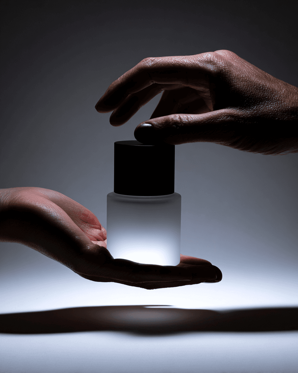 A dramatic, high-contrast image showing two hands, one gently presenting a luminous frosted glass bottle with a dark cap, while the other hand reaches towards it. The backlighting creates striking silhouettes and highlights the product, suggesting a sense of offering, receiving, or interaction with a precious item. This visual is ideal for showcasing luxury perfumes, high-end skincare, or exclusive cosmetic products, emphasizing their value and the experience of acquisition. It would be a powerful and elegant addition to a product or hero section on a **Liqua Premium Ecommerce template**, conveying sophistication and desire.