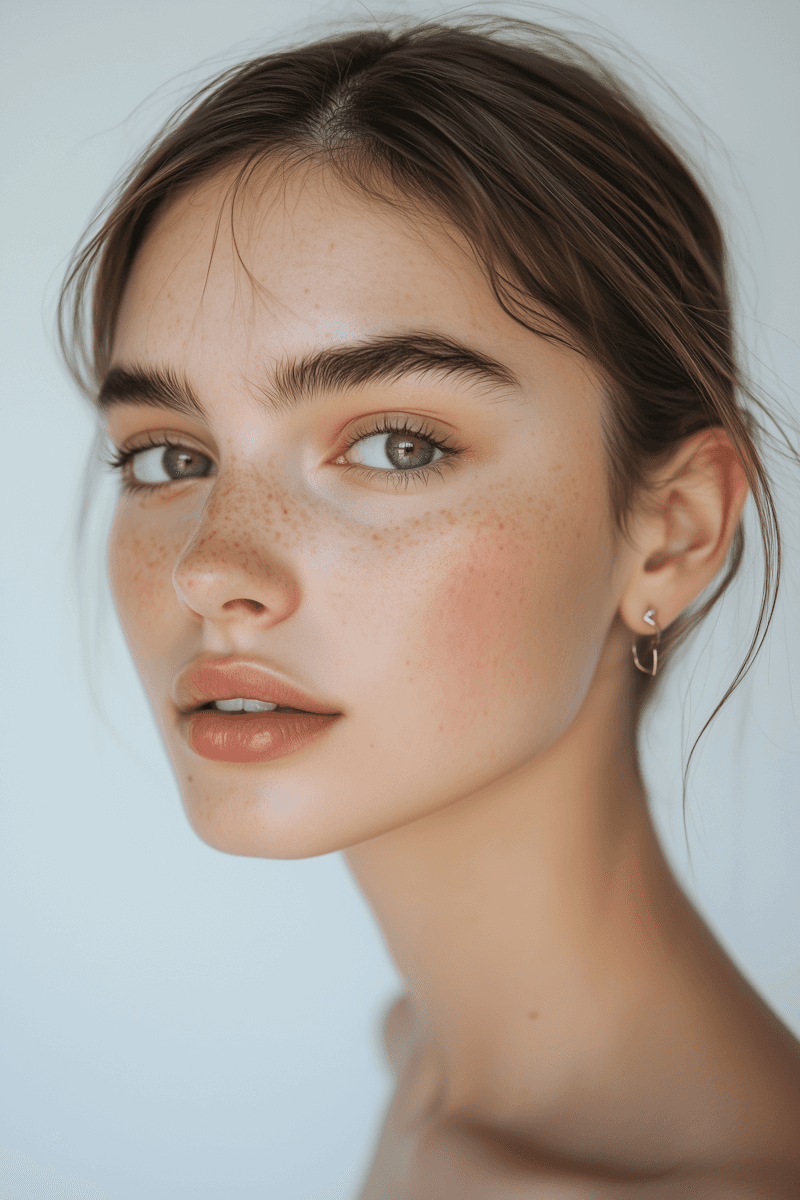 A beautiful close-up portrait of a woman with natural freckles, expressive green eyes, and soft brown hair, looking directly at the viewer. Her skin appears fresh and natural, highlighting a radiant complexion. This image is ideal for promoting natural beauty, organic skincare, or everyday makeup, emphasizing authenticity and a healthy glow. It would serve as a compelling hero image or product feature on a **Liqua Premium Ecommerce template**, attracting customers seeking genuine and high-quality beauty solutions.