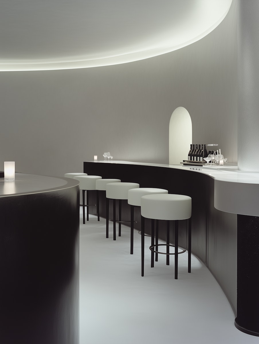 A sleek and minimalist bar interior featuring a curved counter with five elegant white bar stools with black legs. The design is modern and sophisticated, with subtle backlighting and a clean, monochromatic color palette of grays, whites, and blacks. This high-end aesthetic is ideal for showcasing luxury lifestyle products, premium spirits, or sophisticated home decor items, and would complement the refined design of a **Liqua Premium Ecommerce template** for brands targeting a discerning clientele.