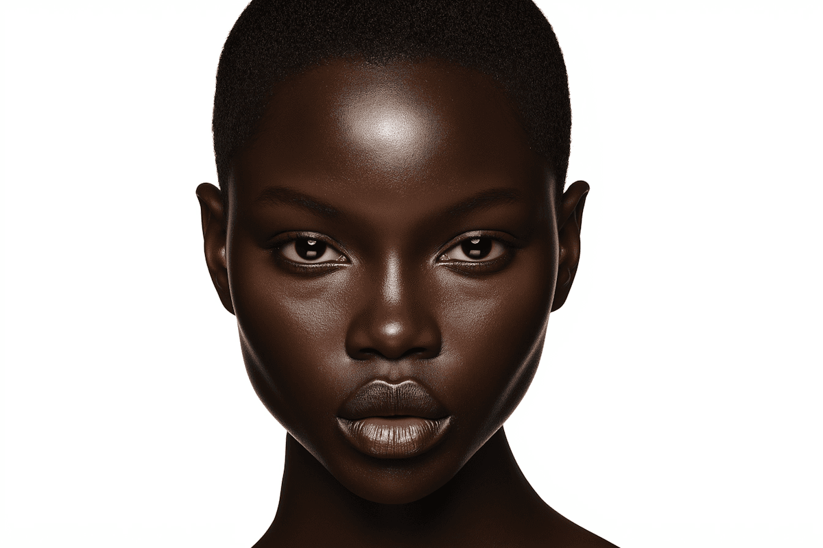 A striking headshot of an individual with flawless, deep brown skin and captivating eyes, looking directly at the viewer. The clean white background emphasizes their natural beauty and the subtle highlight on the cheekbones, making this image ideal for showcasing cosmetics, skincare, or haircare products. This powerful and direct visual would be an excellent feature on a **Liqua Premium Ecommerce template**, effectively conveying a sense of elegance and confidence for diverse beauty brands.