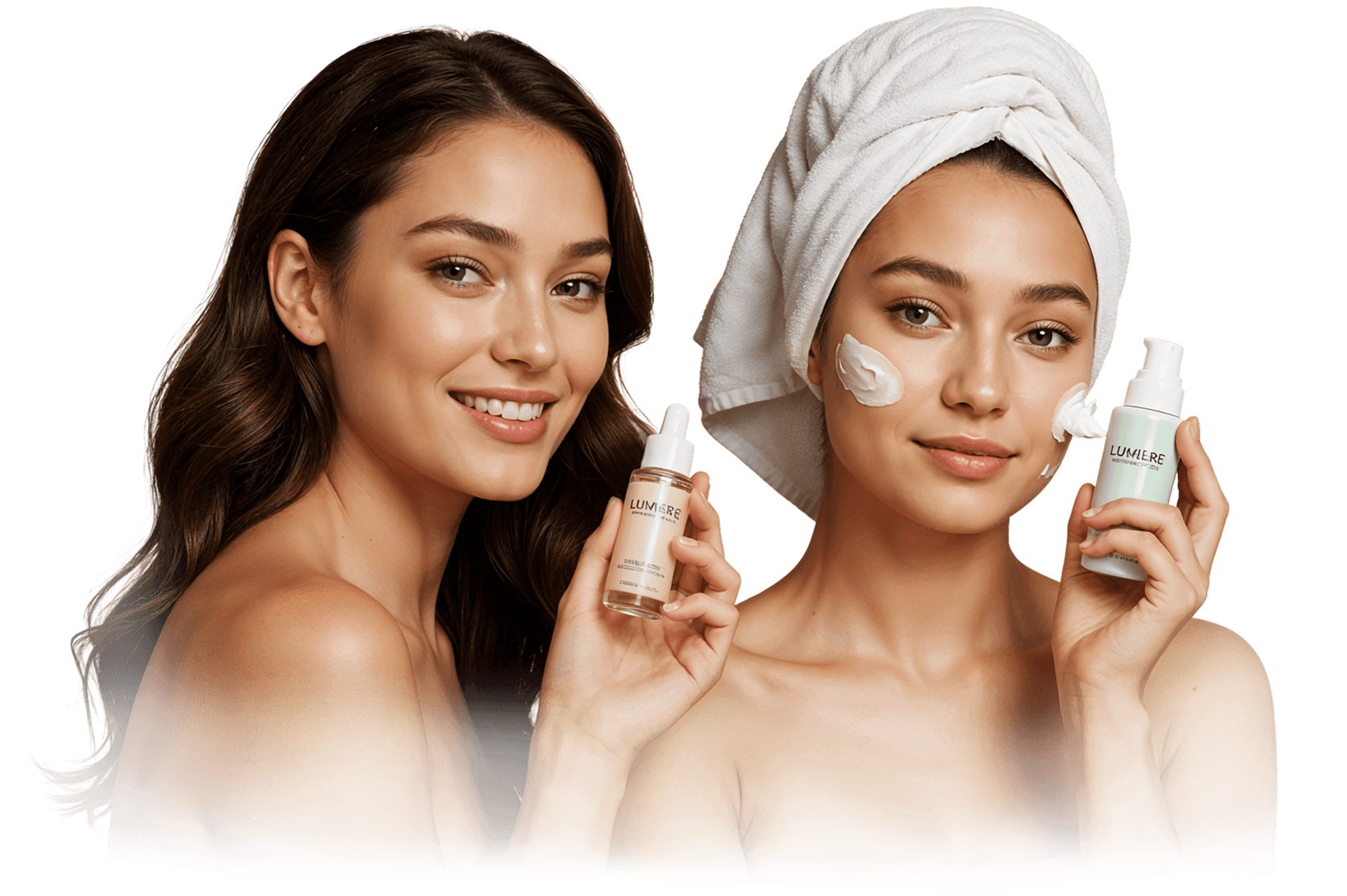 Two women with Lumiere skincare. One has a towel & cream, other holds serum.