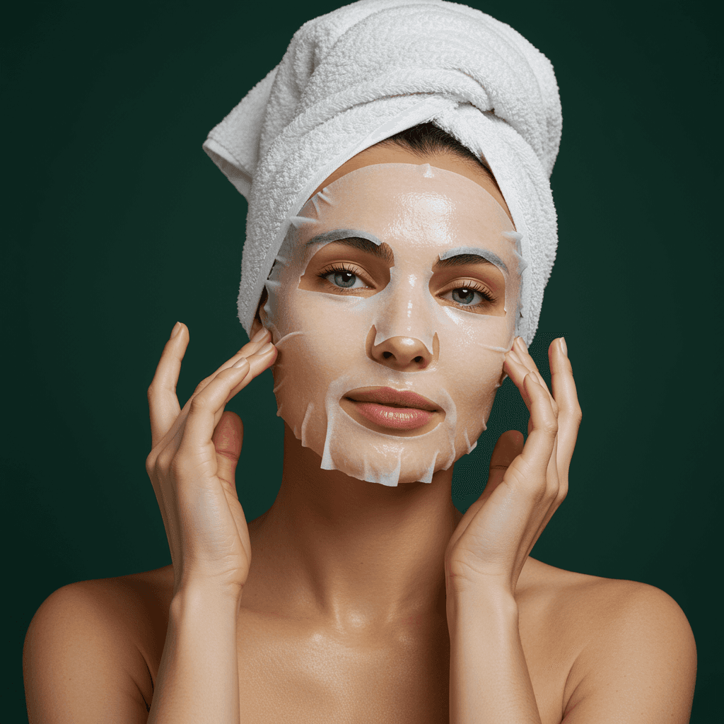 Woman wearing a sheet mask and a towel on her head.
