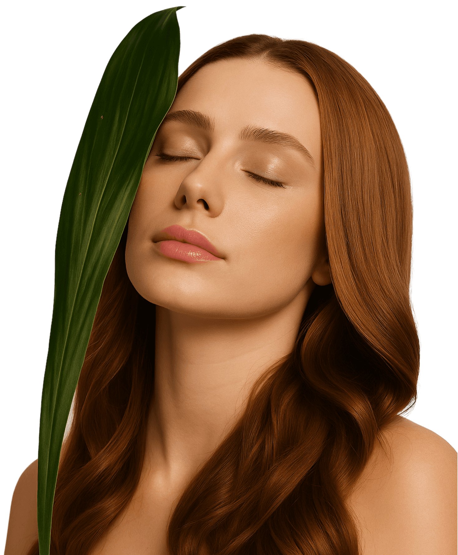 Woman with closed eyes, red hair, and a green leaf against her face.