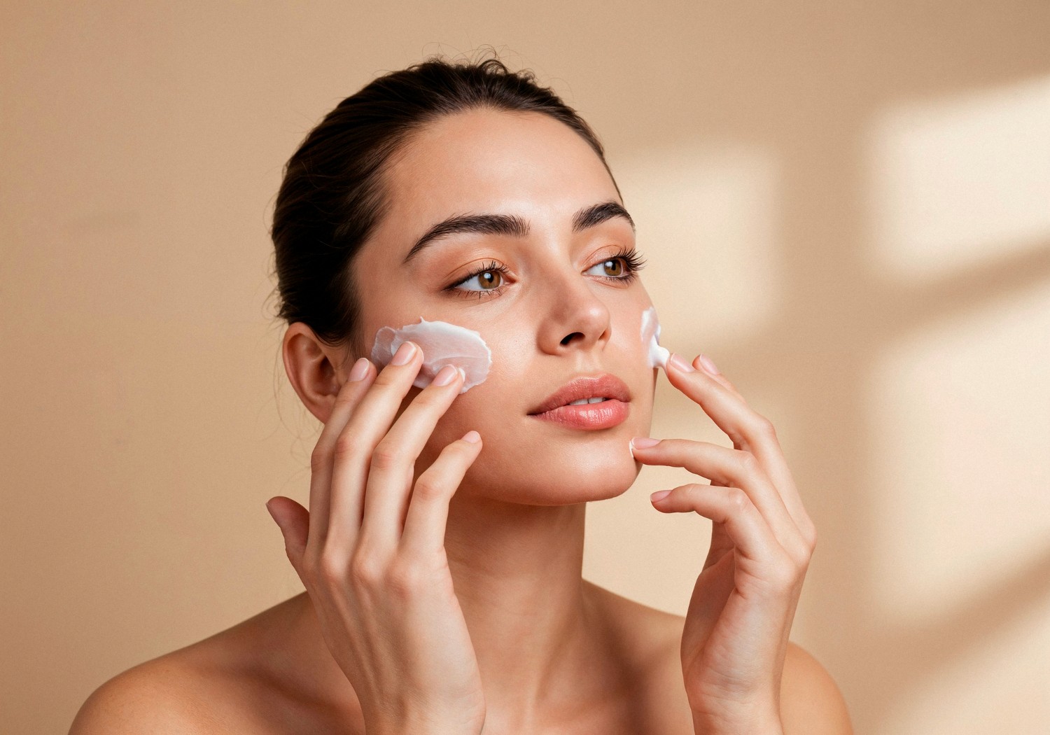 Woman applying face cream from a jar.