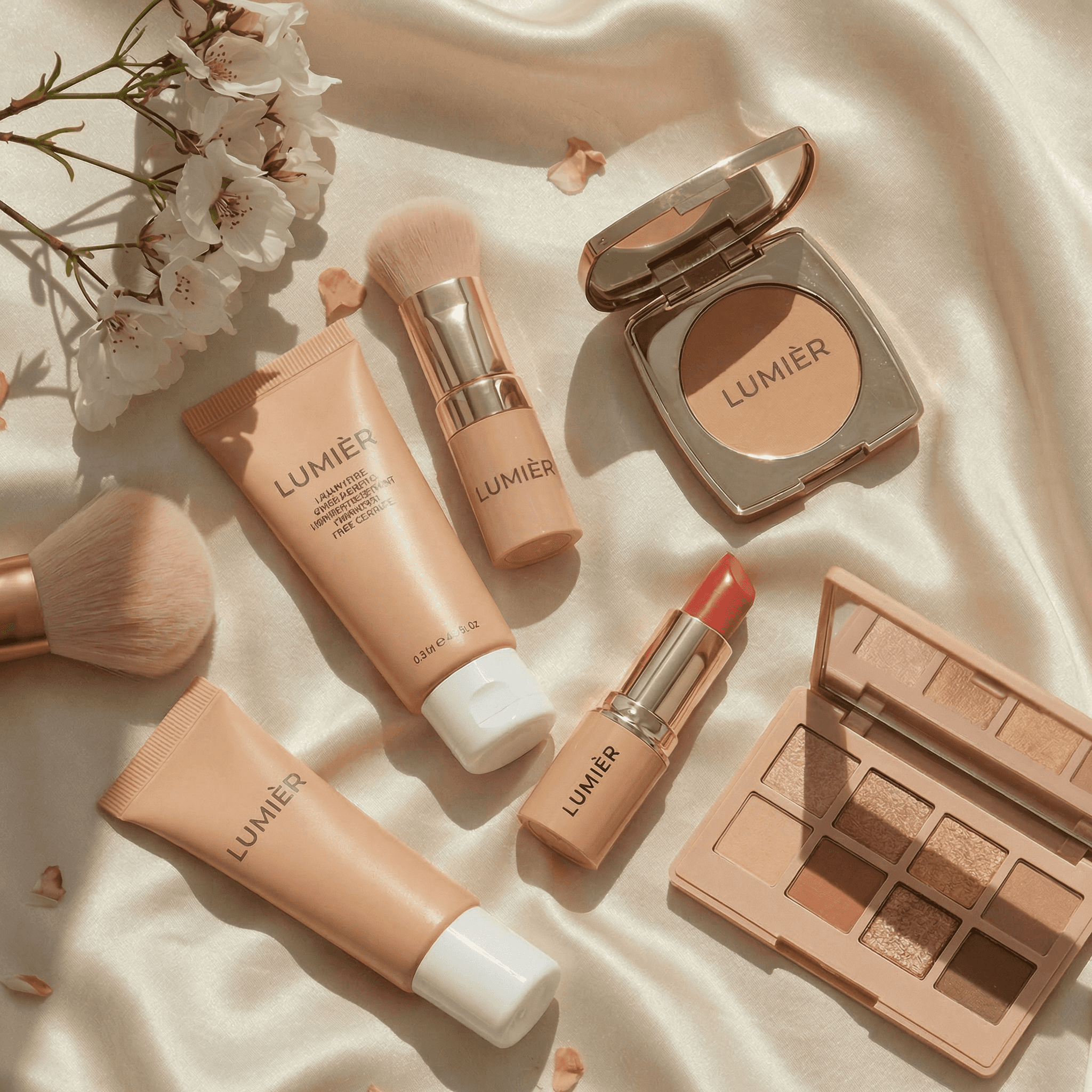 Nude and peach makeup products, brushes, and cherry blossoms on silk.