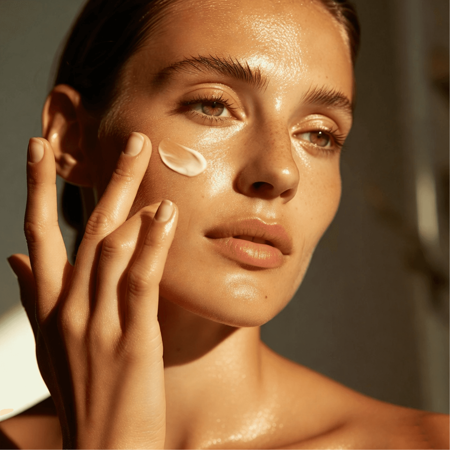 Woman applying cream to her glowing face.