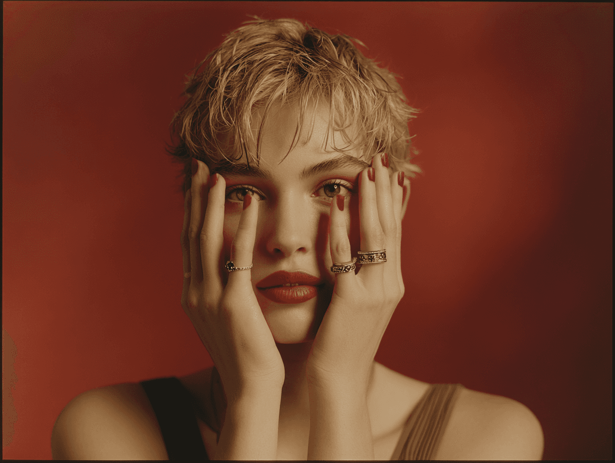 Model wearing ornate gold and gemstone rings, hands framing her face against a red backdrop