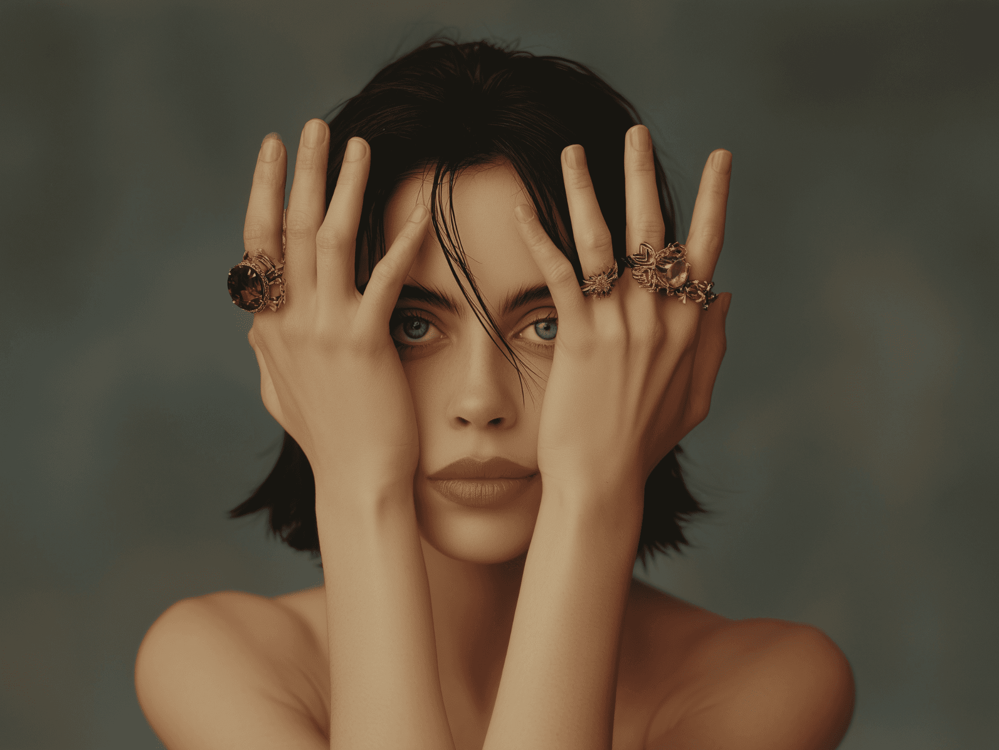 Model wearing ornate vintage-inspired rings, hands raised to frame her face against a soft tonal backdrop