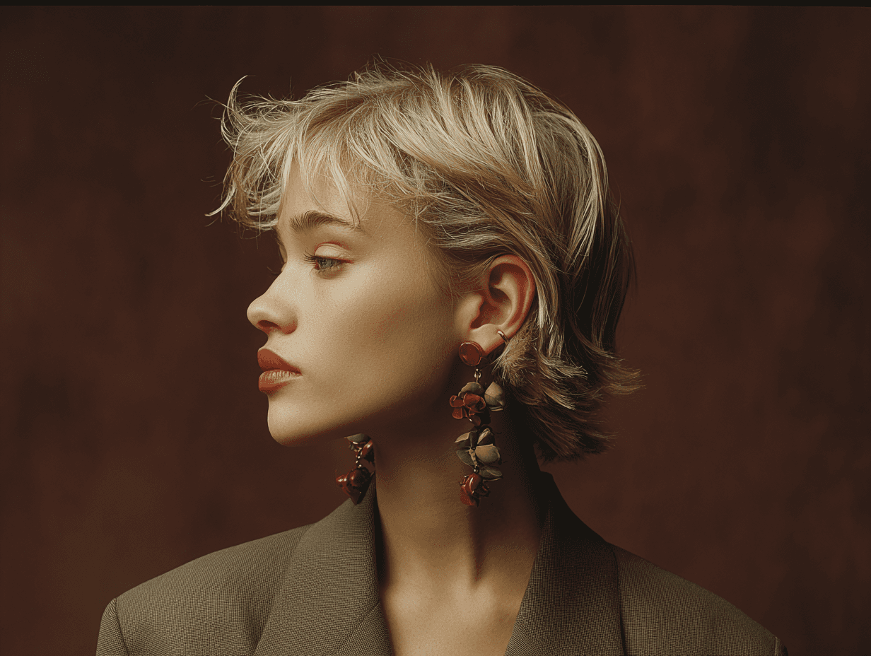 Profile portrait of a woman wearing sculptural red-and-gold earrings against a deep burgundy background