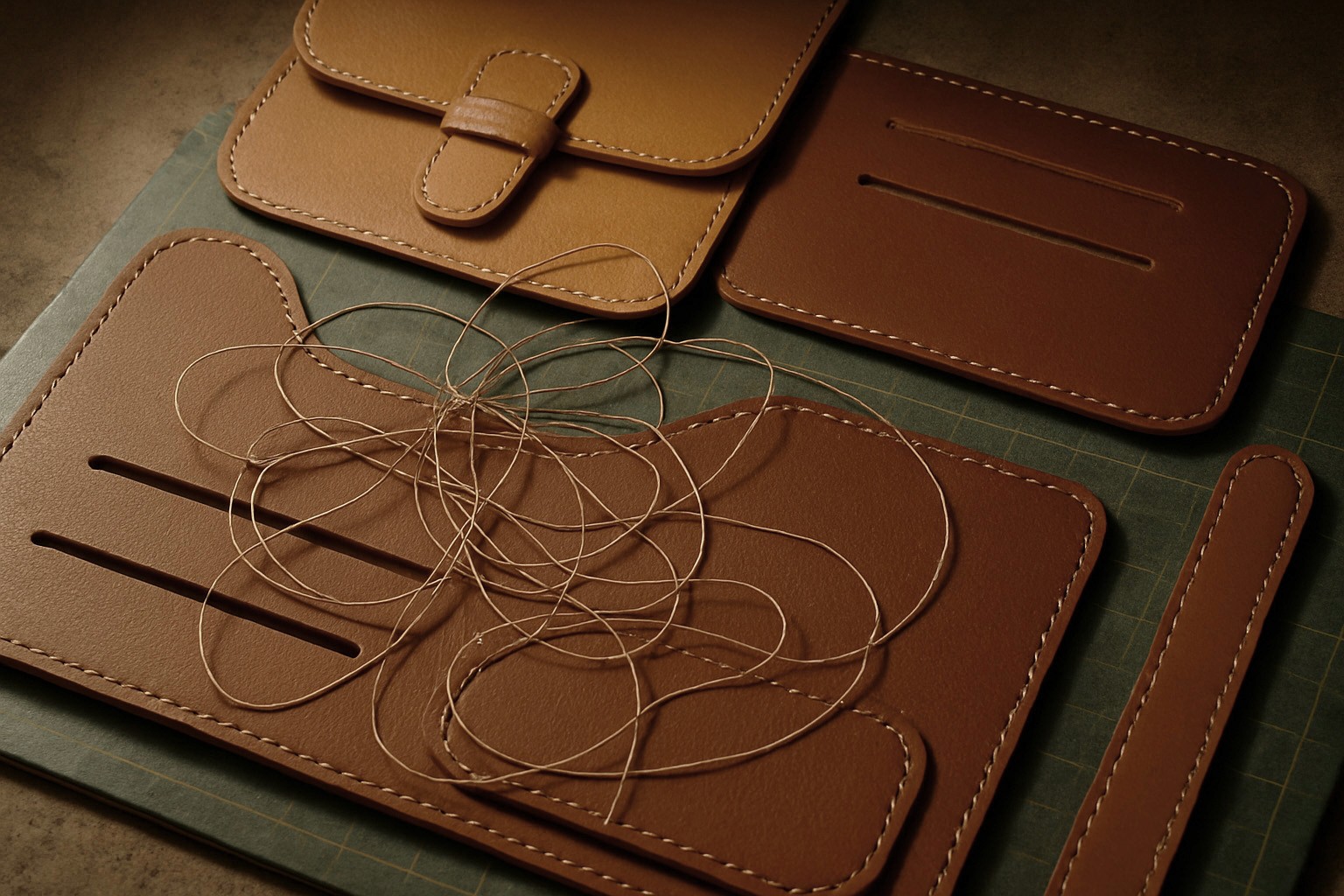 Flat lay of pre-cut brown leather wallet pieces arranged on a green cutting mat, with loose waxed thread placed across them, showcasing handcrafting preparation.