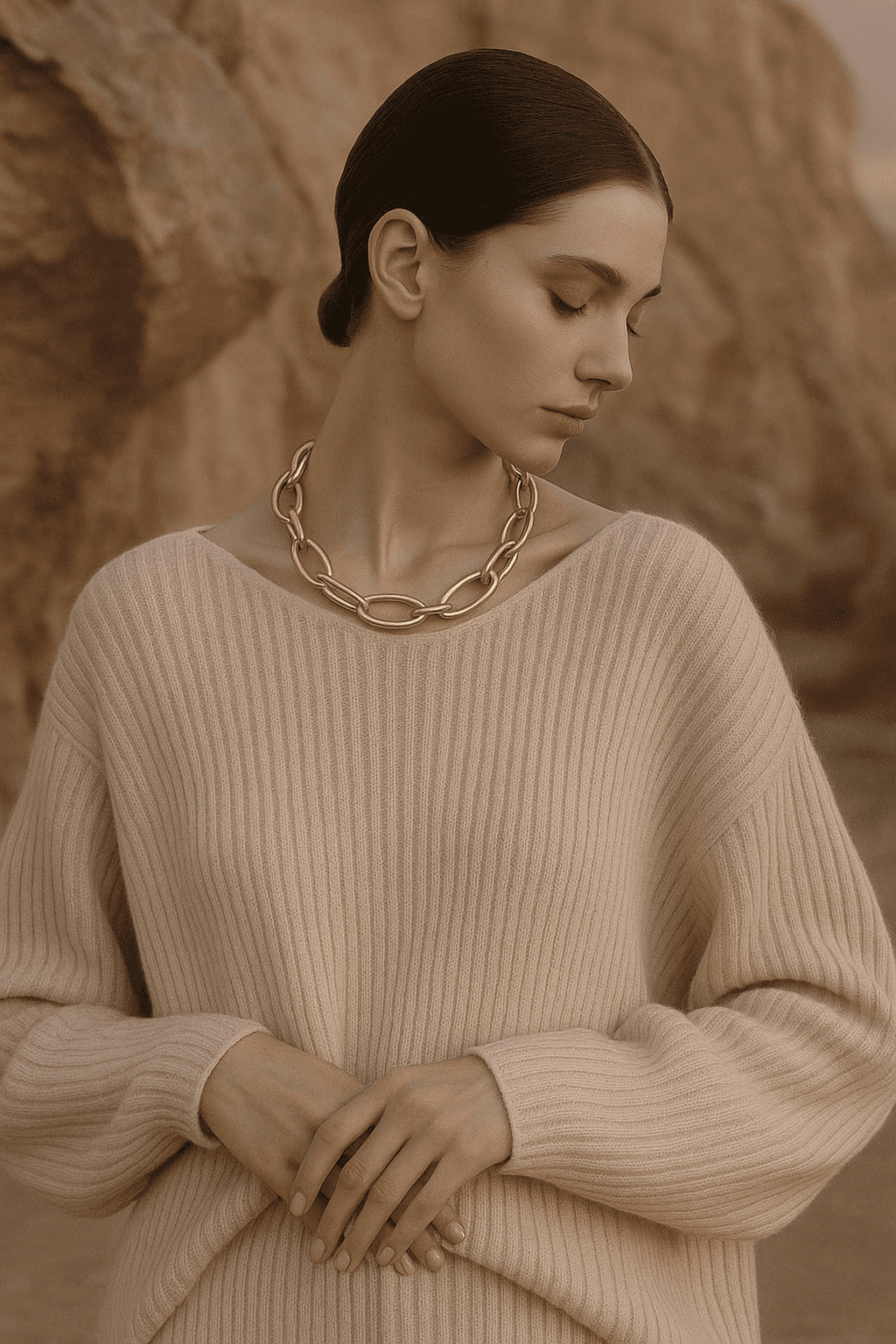 Close-up of a woman in a beige ribbed sweater, wearing a bold gold chain necklace, looking down with a soft, contemplative expression against a rocky backdrop.