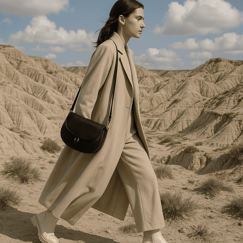 Close-up of a person in a dark coat holding a large black leather tote with brown straps, with a woven basket bag slung over the shoulder.