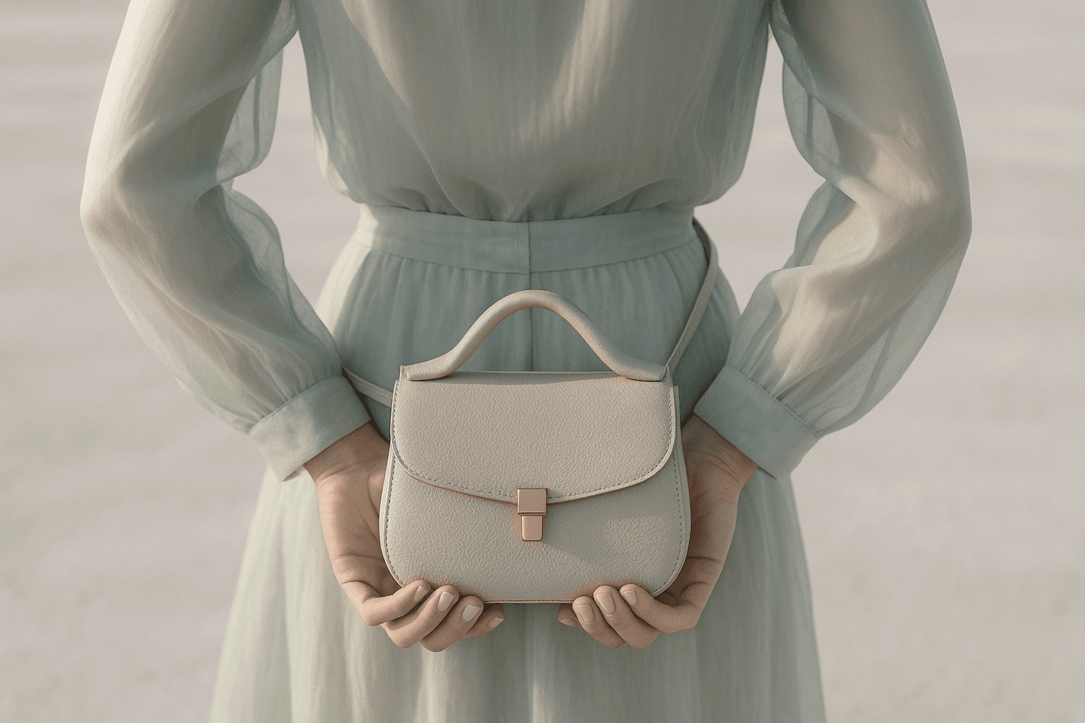 Woman in a light green long-sleeved dress holding a small cream-colored leather handbag with gold hardware in both hands.