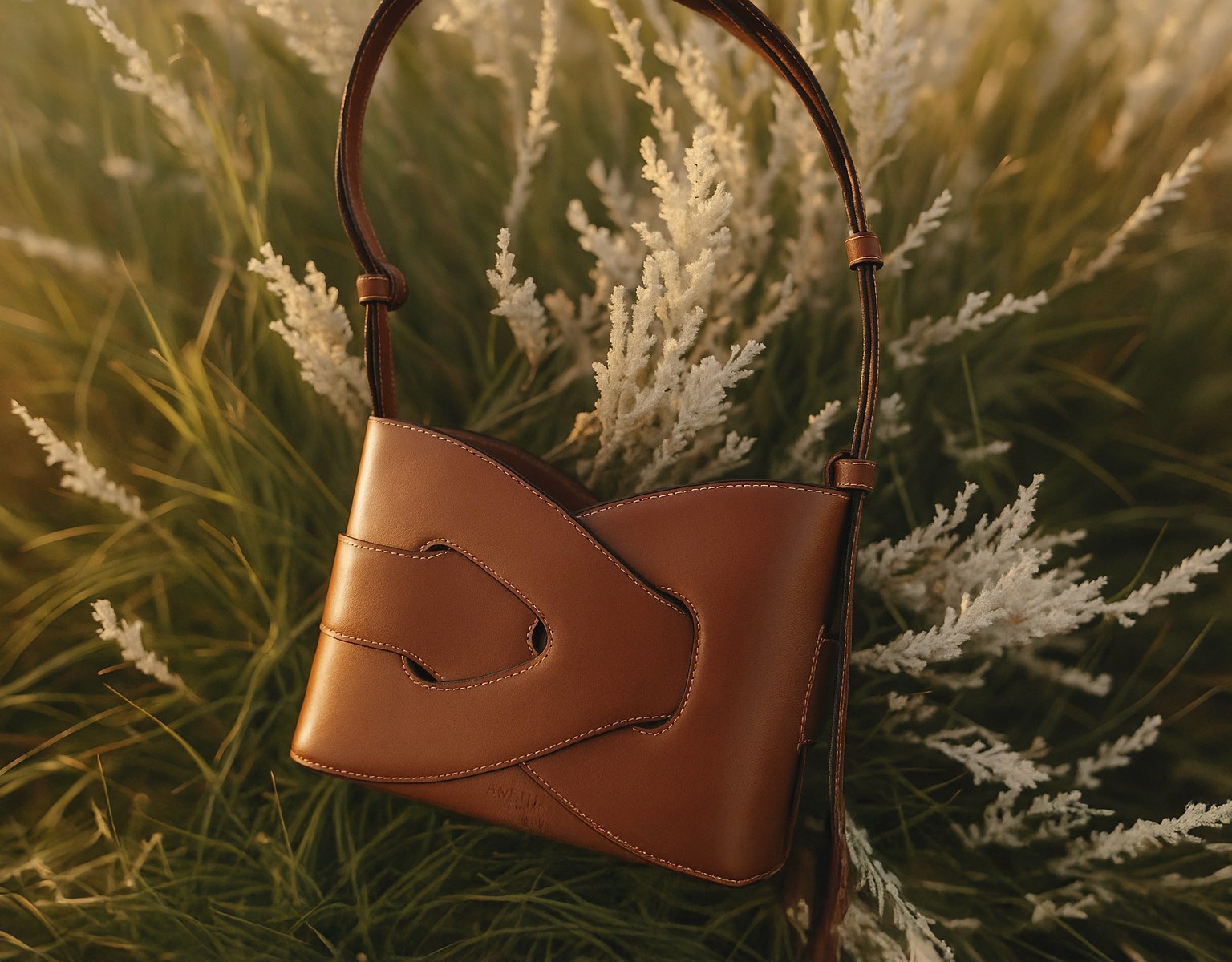 Brown sculptural leather handbag resting on tall ornamental grass during golden hour, evoking a natural, elegant mood.