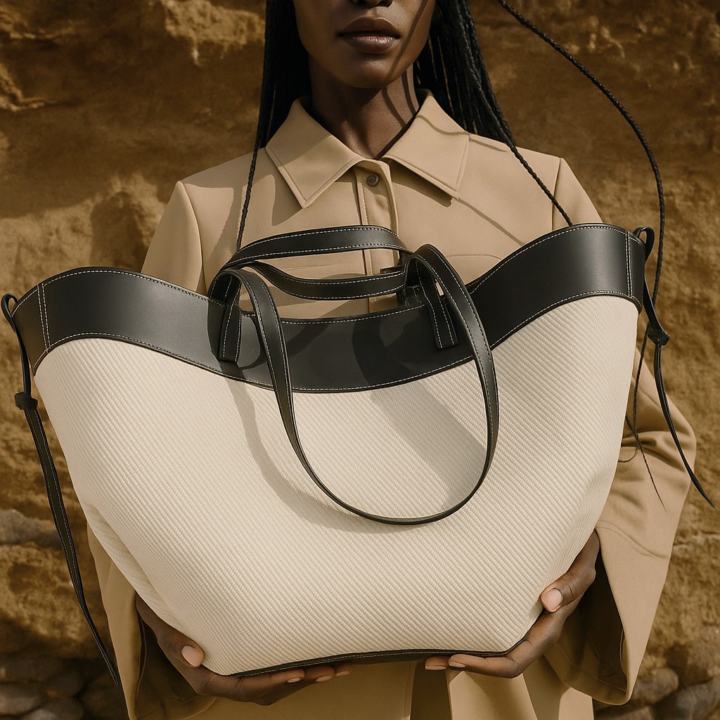 Woman in a tan shirt dress holding a large two-tone canvas and leather tote bag in front of a warm-toned natural backdrop.