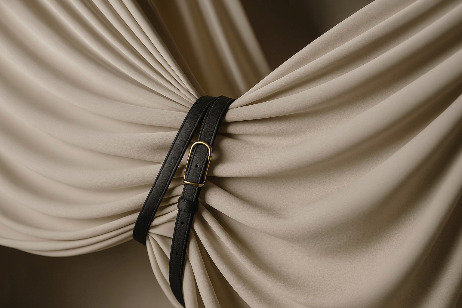 Minimal black leather belt with gold buckle wrapped around gathered beige draped fabric.