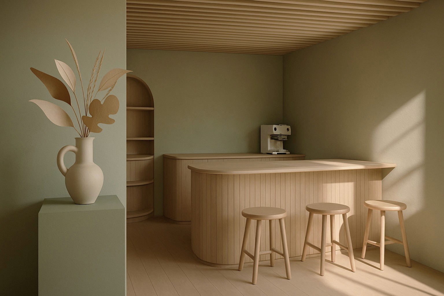 Minimalist café interior featuring soft green walls, light wood paneling, curved counter with two stools, and a white espresso machine. A sculptural vase with dried leaves and branches adds an organic accent.