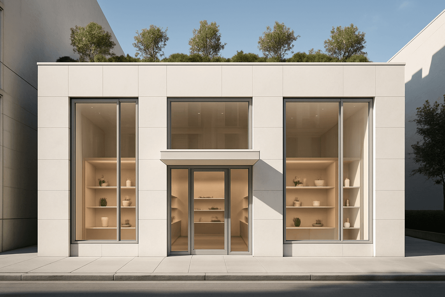 Modern cream-toned retail storefront with large floor-to-ceiling windows, symmetrical shelving displays, and a green rooftop garden under a clear blue sky.
