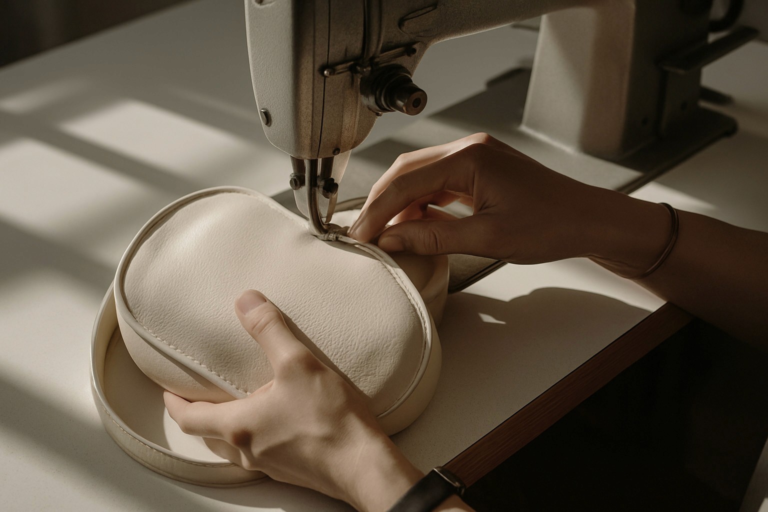 A person sewing a light beige leather handbag using a sewing machine, with soft natural light casting shadows across the workspace.