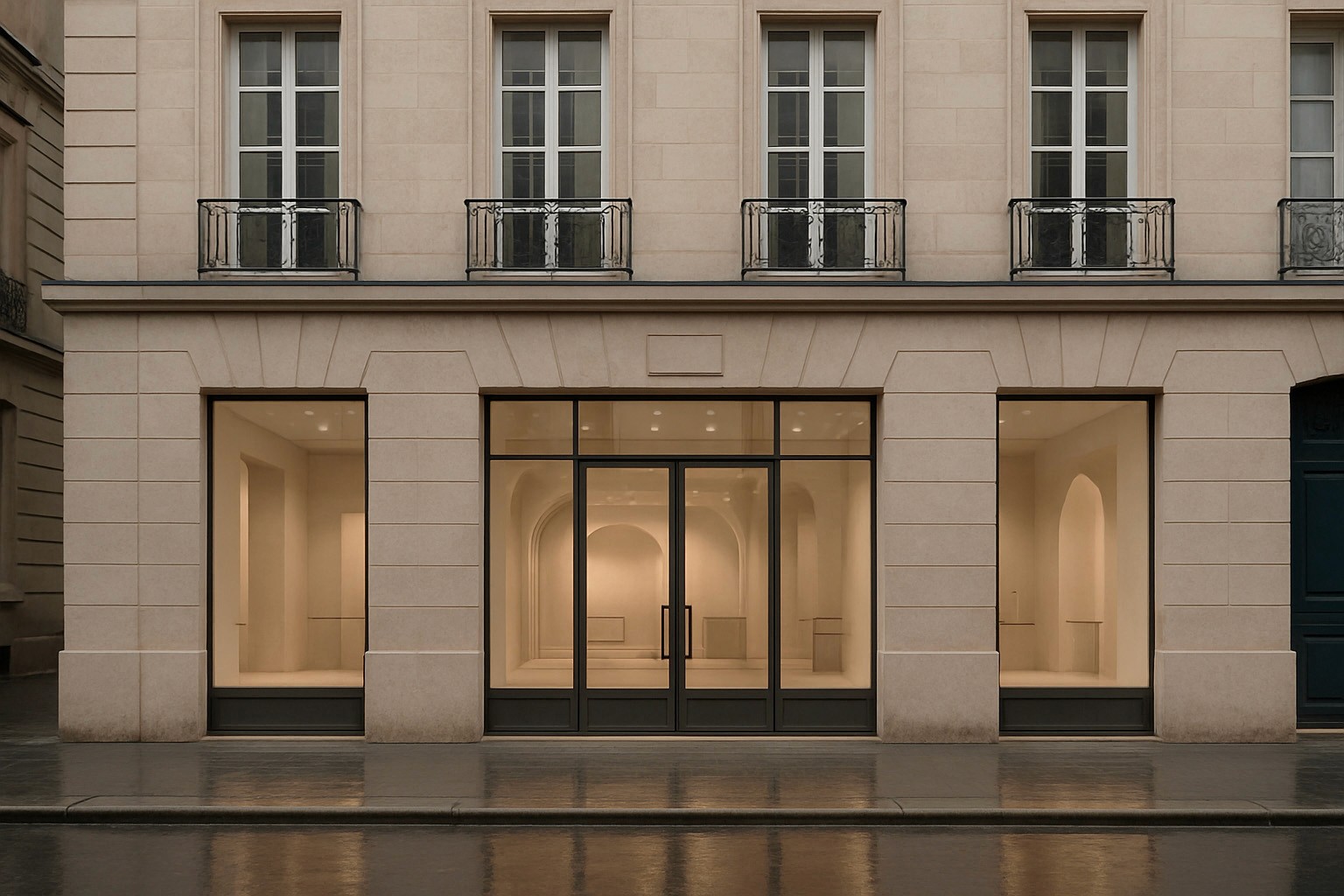 Elegant stone building facade with French balcony windows and a wide entrance framed by glass panels, viewed on a rainy street with reflections on the wet pavement.