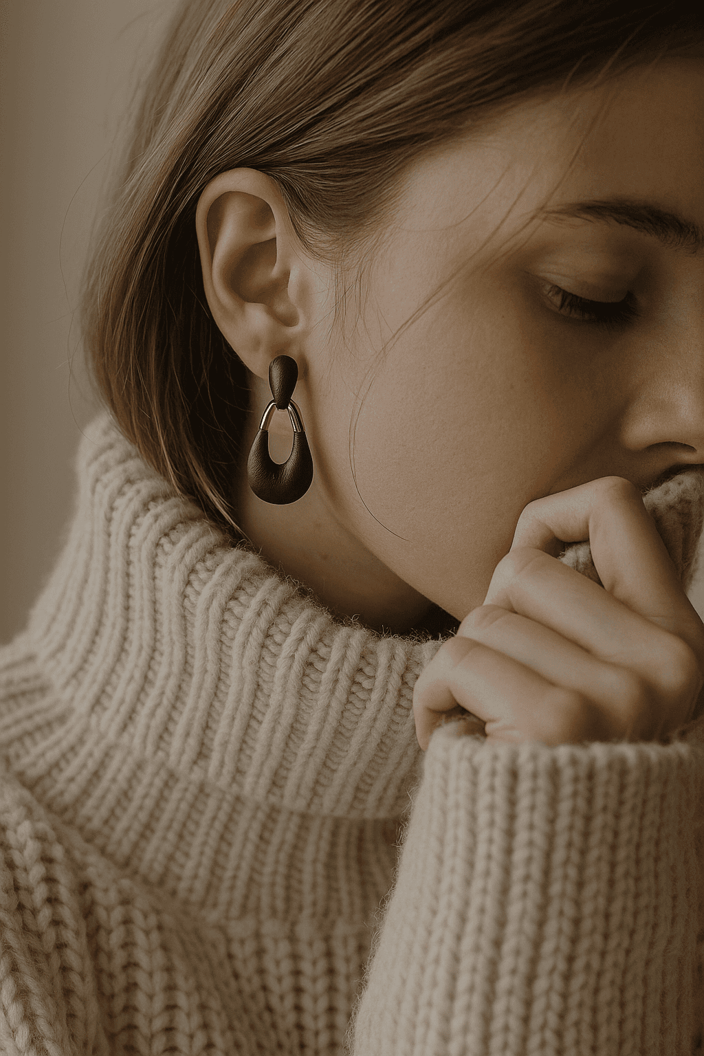 Close-up of a woman wearing a chunky ribbed beige sweater, gently covering her mouth with the collar. She wears a matte black sculptural earring with gold hardware, and her eyes are softly closed in a calm, introspective pose.