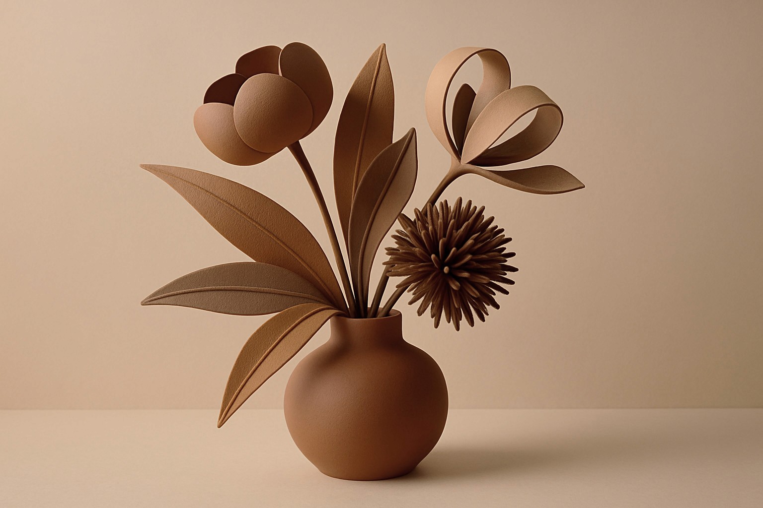 Artistic arrangement of stylized, paper-textured brown botanical shapes in a round vase, representing a minimalist and organic visual identity for a collection.