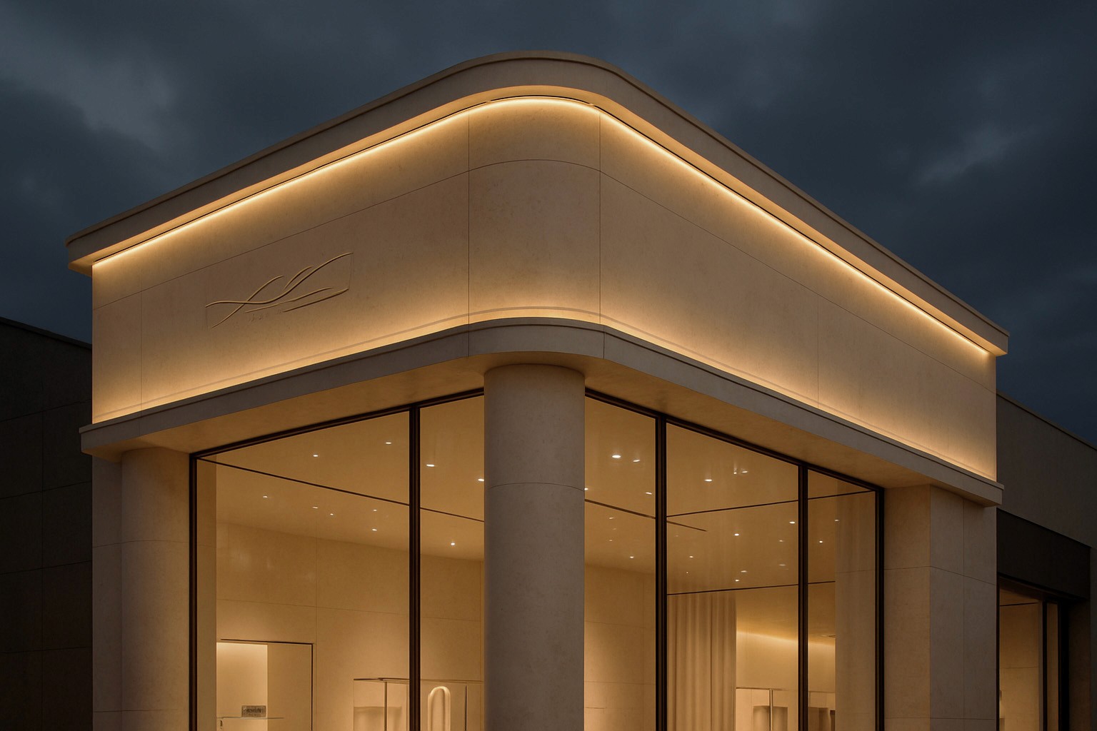 Night view of a luxurious modern corner retail building with rounded architecture, warm ambient lighting, tall glass walls, and minimal interior displays under a dark sky.
