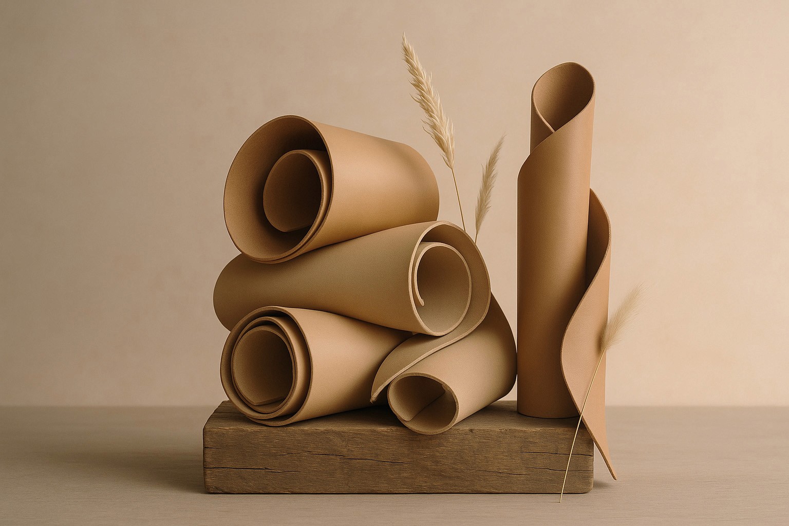 Sculptural display of curled, tan leather-like material rolls arranged on a wooden block with dried wheat stems, set against a beige background.