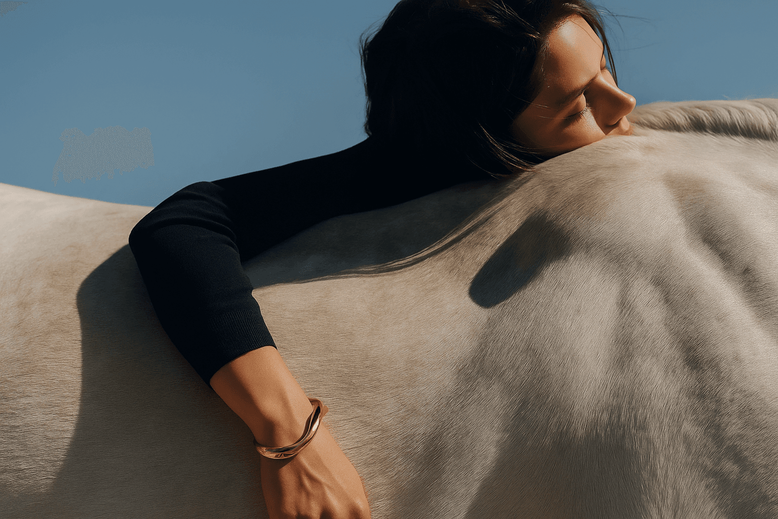 Close-up of a woman resting on a horse’s back under natural sunlight, wearing a black top and gold twisted bracelet.