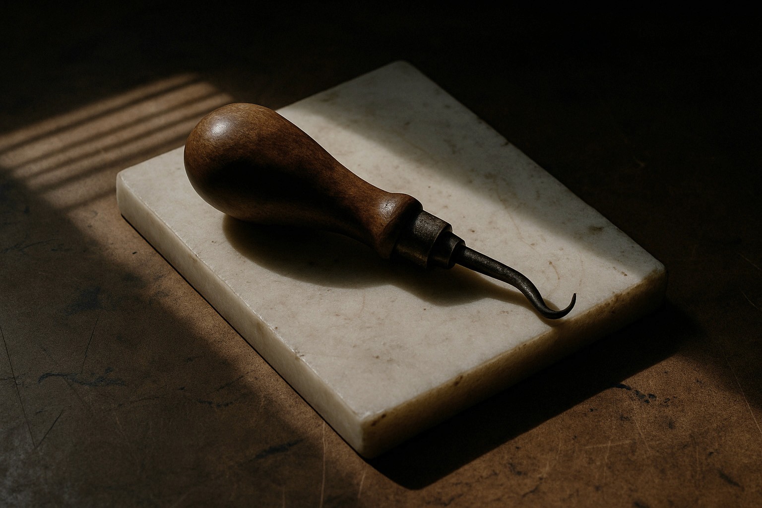Vintage leatherworking edge creaser tool with a wooden handle resting on a white marble slab, captured in moody studio lighting.