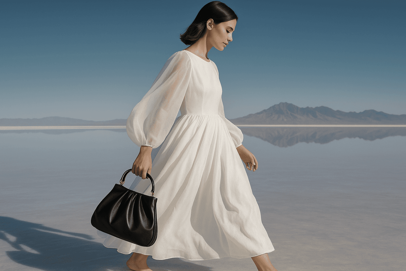 Woman in a flowing white dress walking across a still, reflective salt flat with a black leather handbag in hand and mountains in the distance under a clear blue sky.