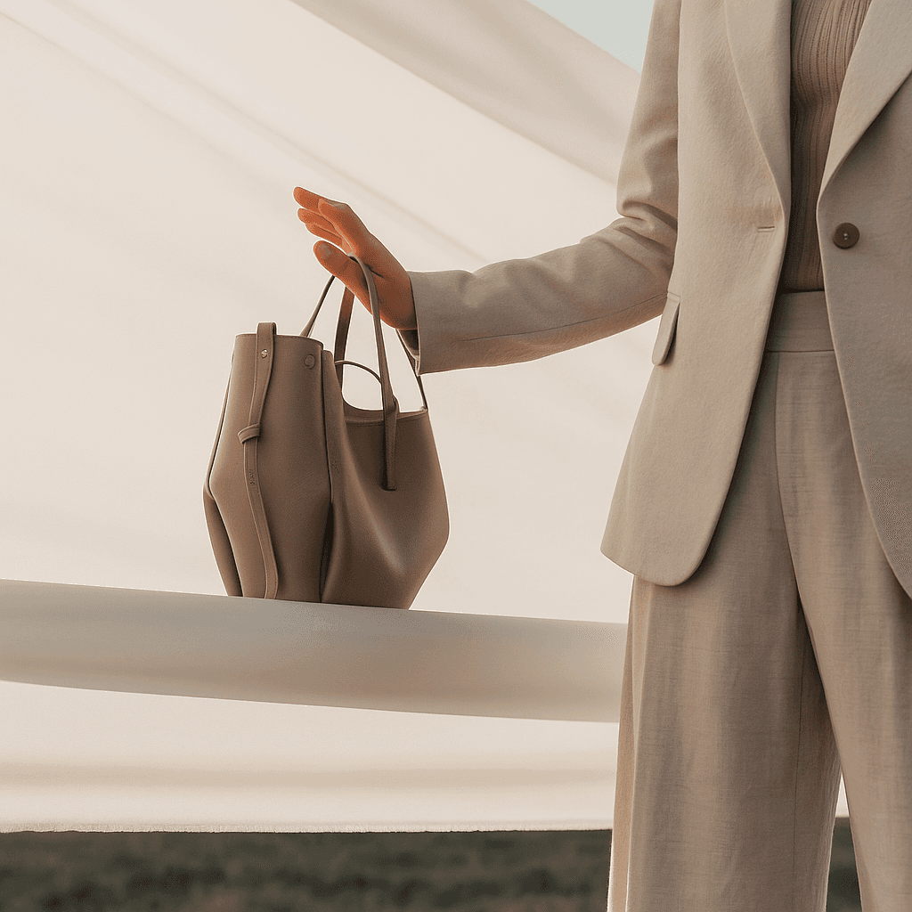 Woman in a tailored beige suit holding a structured brown leather handbag, standing in front of a softly lit modern background.