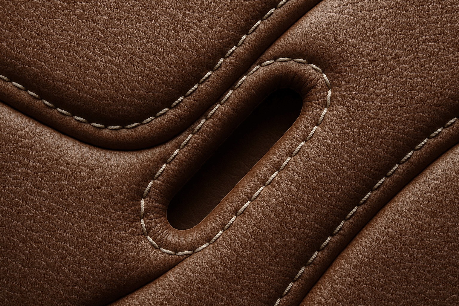 Macro close-up of textured brown leather with intricate stitched curves and an oval cutout, highlighting craftsmanship and material quality.