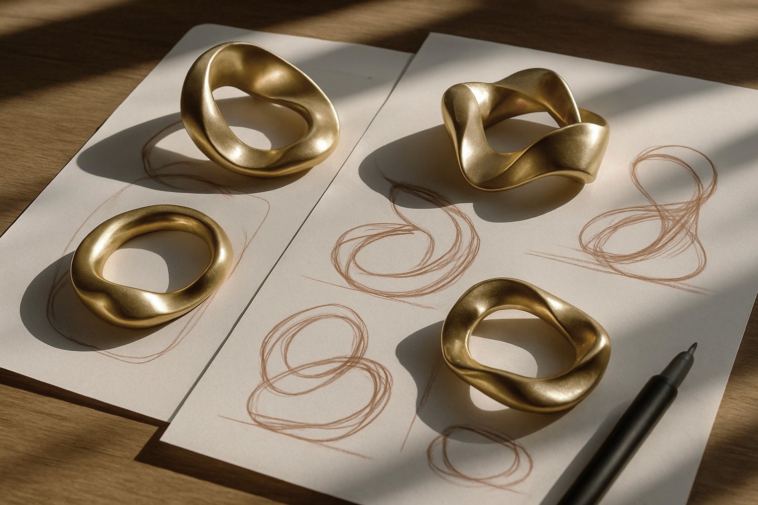 Organic gold metal ring sculptures resting on sketch paper with circular hand-drawn designs, lit by warm natural light.