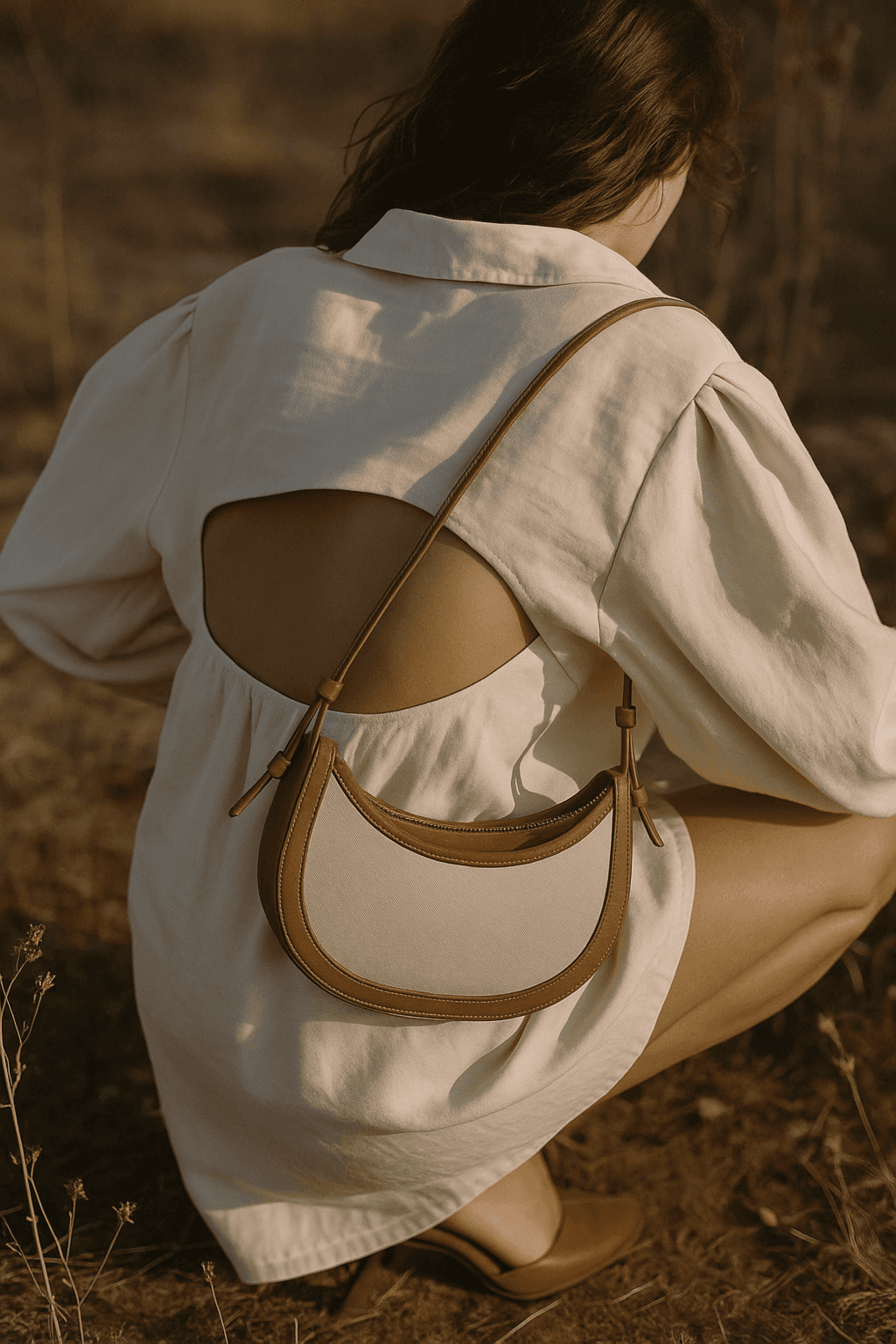 Woman squatting in a sunlit field wearing an open-back white dress, showcasing a small, crescent-shaped two-tone leather shoulder bag.
