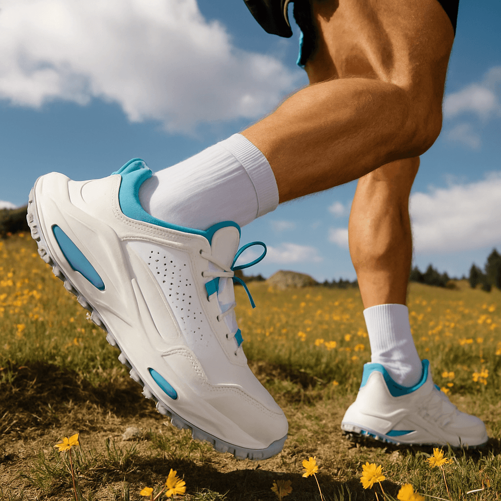 Close-up of a man’s legs wearing white and blue athletic sneakers, stepping through a field of yellow wildflowers under a partly cloudy sky.