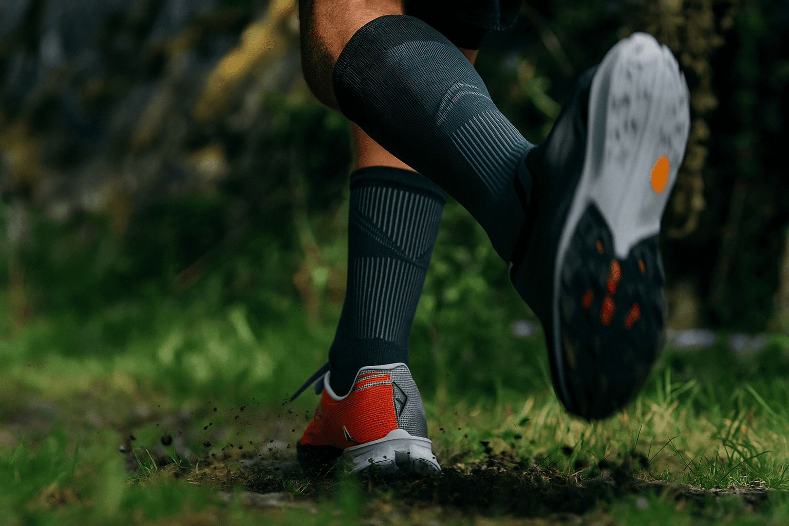 Dynamic close-up of a runner’s foot mid-stride on a muddy forest trail, wearing black socks and red trail shoes with visible sole pattern.