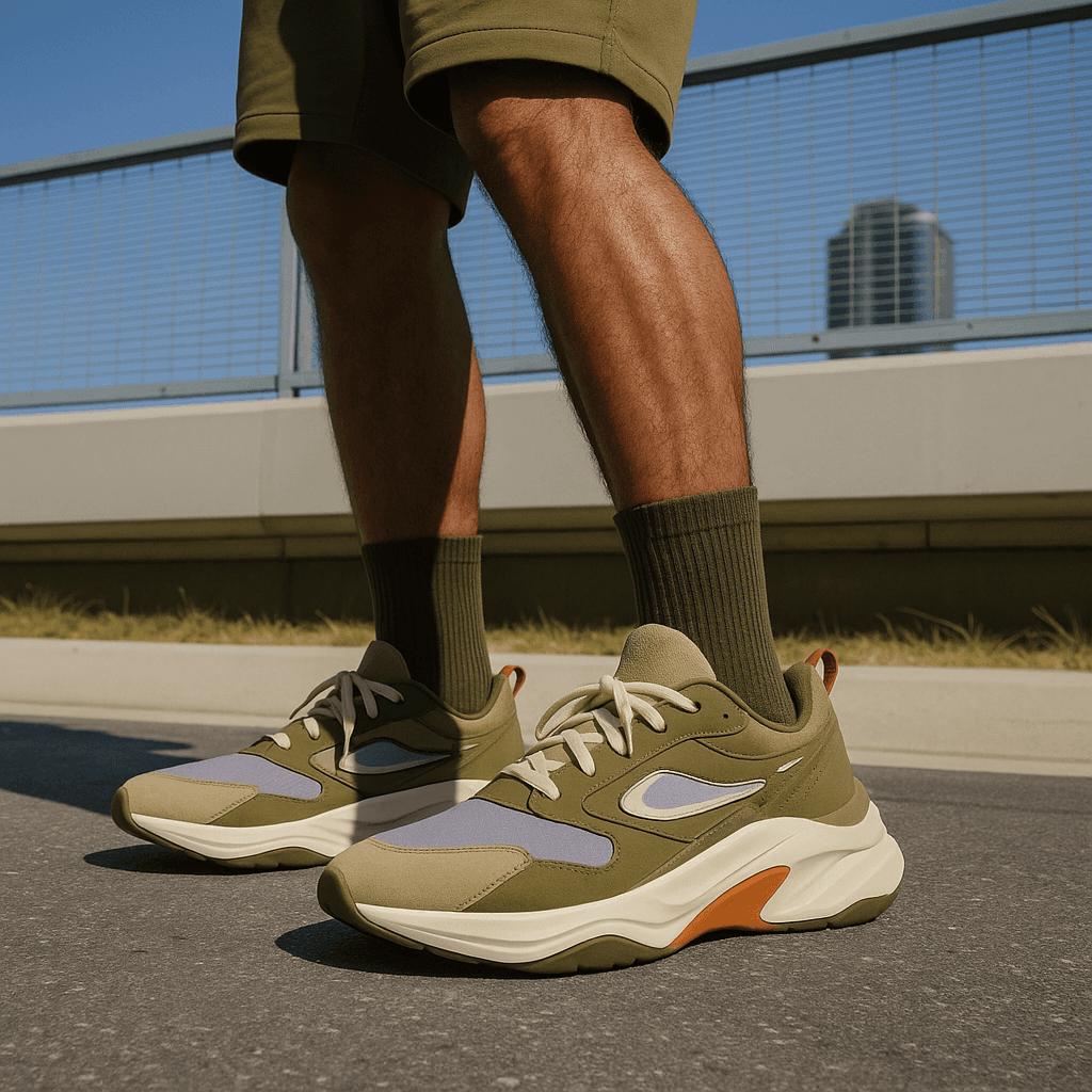 Man wearing olive green and orange sneakers with tall socks, standing on an urban street with a modern fence and skyscraper in the distance.