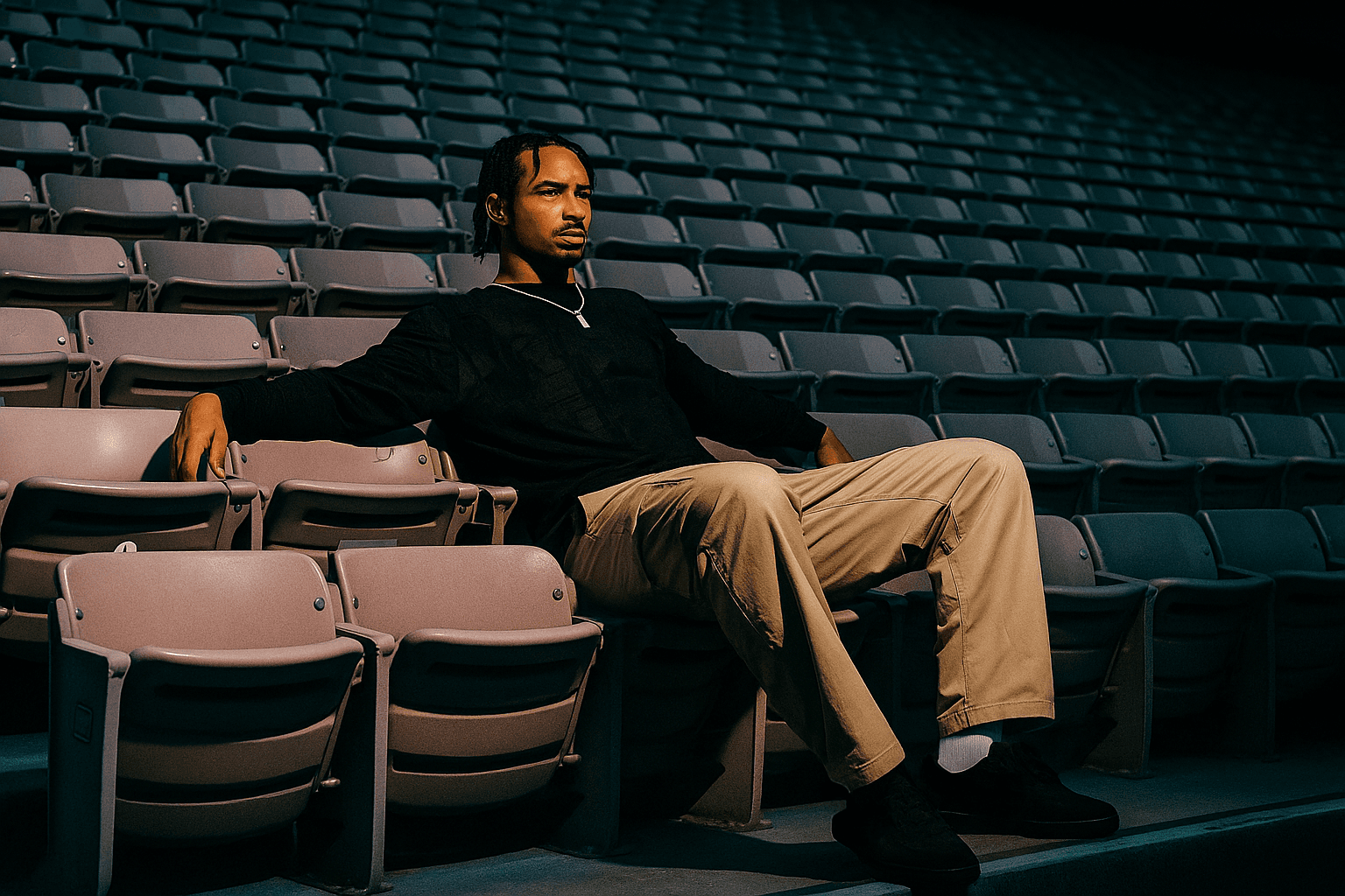 Man dressed in dark casual wear sitting alone in a stadium’s empty rows of purple chairs, lit by dramatic moody lighting.